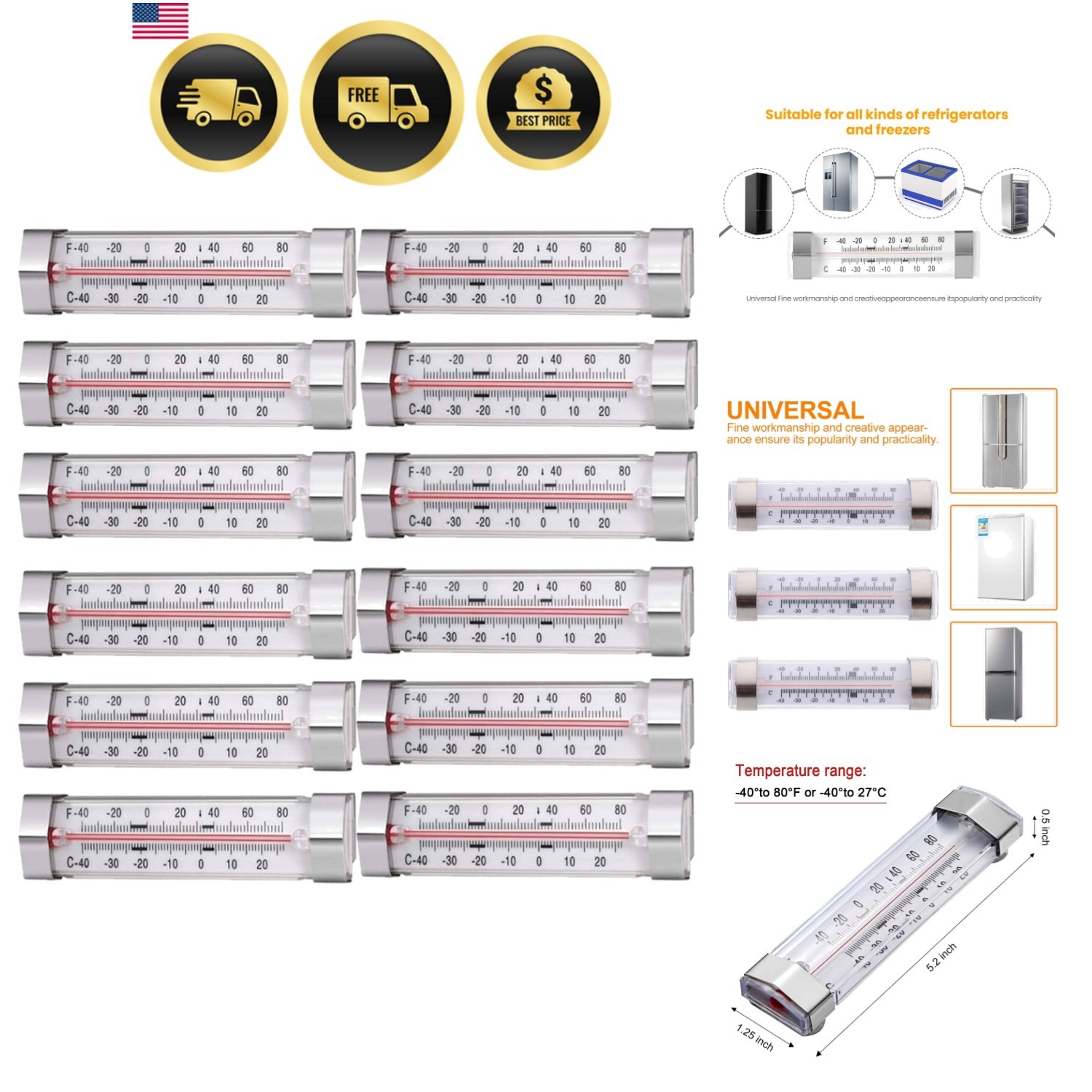 12 Pack Fridge Refrigerator Freezer Thermometer