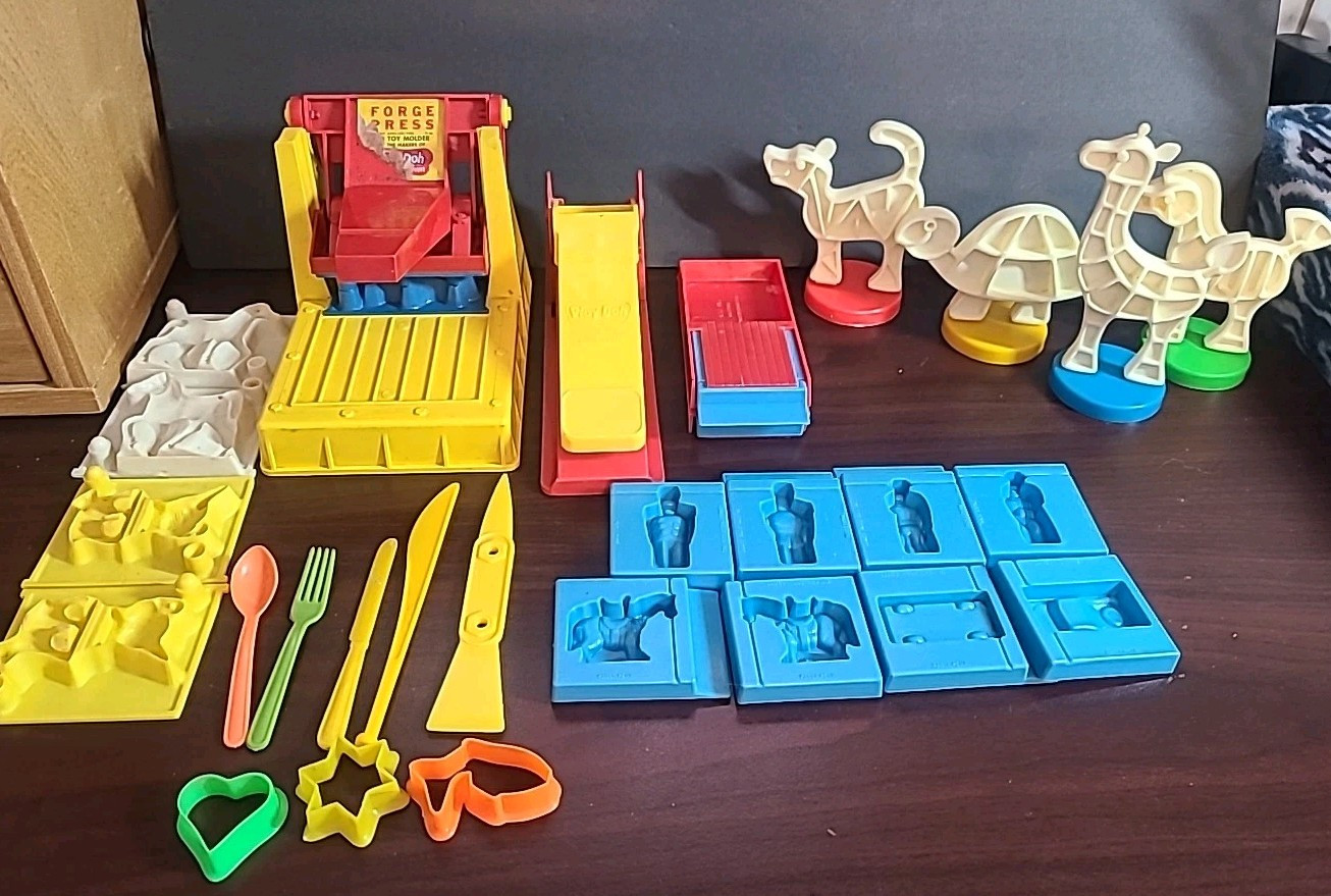Vintage 1970s Play Doh Accessories Lot Animal Molds,  Forge Press, Fork Spoon