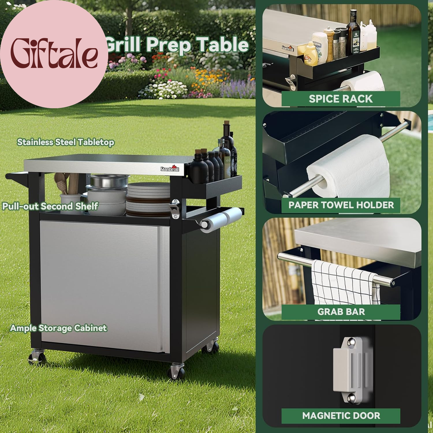 Rolling Grill Table Cart with Storage Cabinet, 3-Shelf Movable Prep Table Outdoo