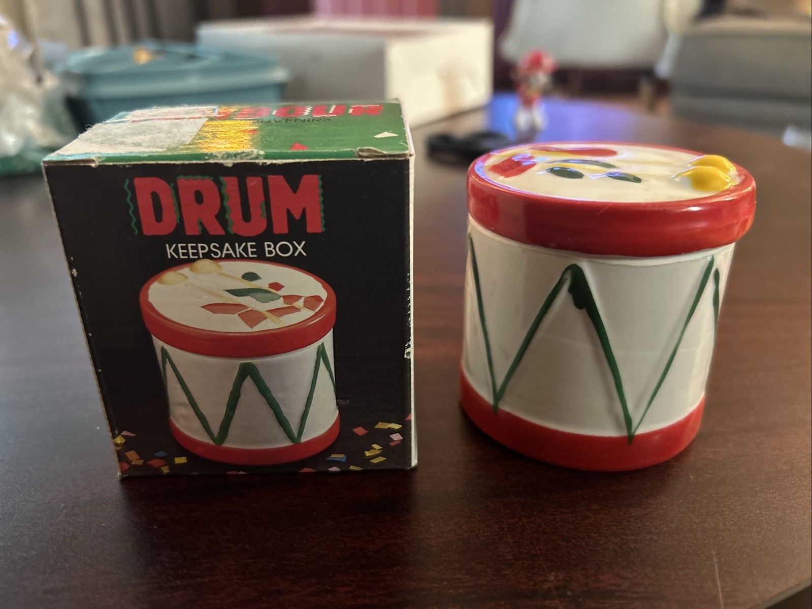 Action International Drum Ceramic Keepsake Box, 1987, Boxed, Glossy Finish