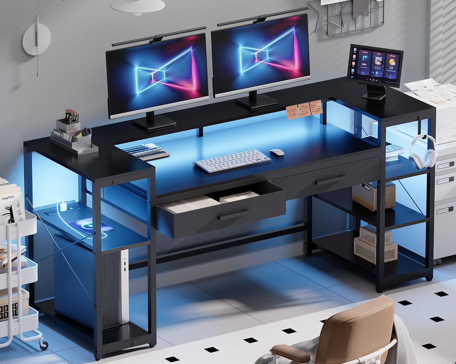 58 Inch Computer Desk with Monitor Stand and Shelves Gaming Desk with LED Lights