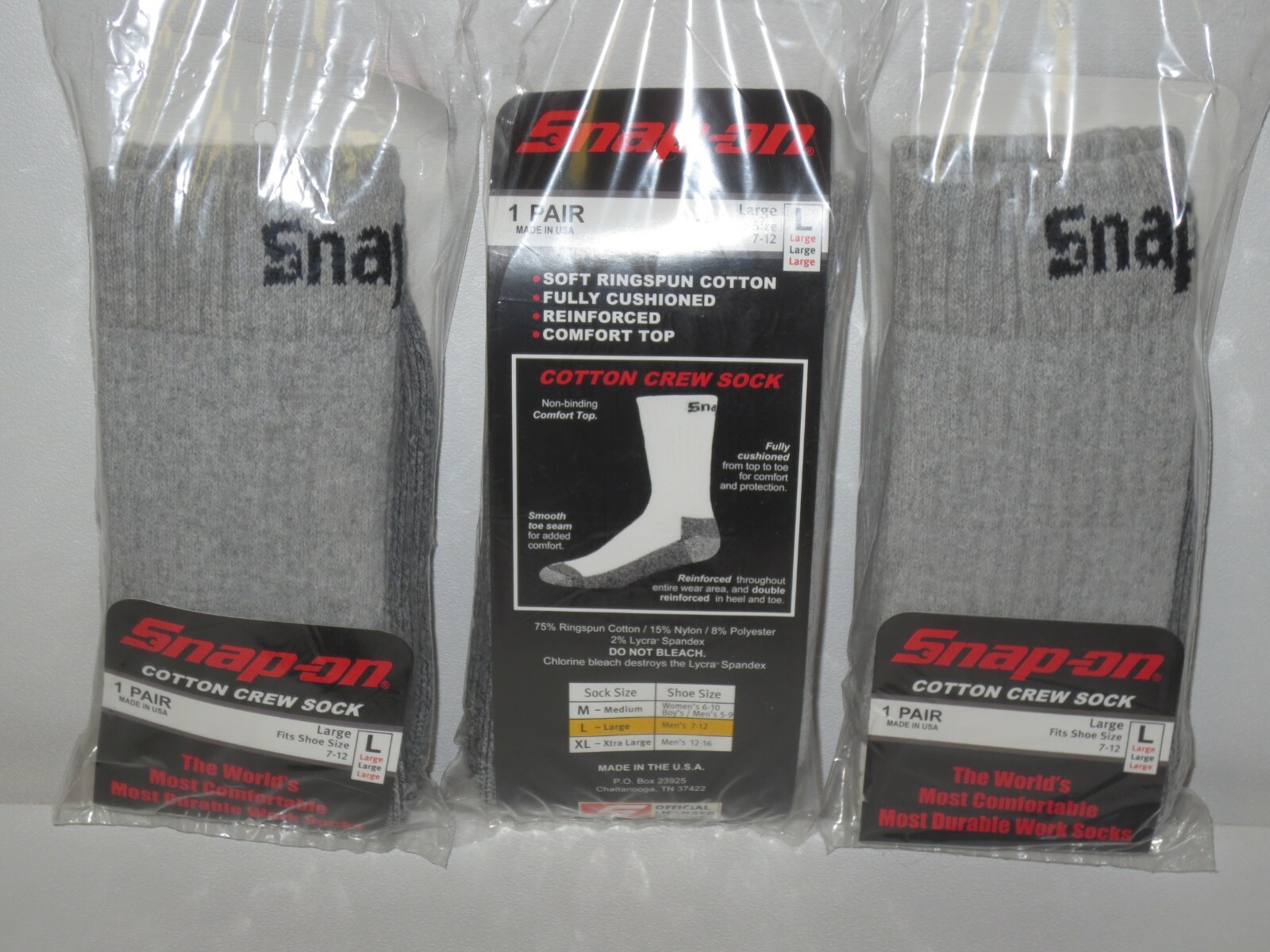 6 PAIRS = SNAP-ON Crew Socks, GRAY ~ LARGE ~ FREE SHIPPING ~ MADE IN USA *NEW*