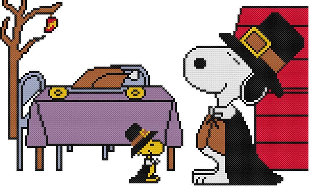 CROSS STITCH+ CRAFT PATTERN Snoopy Dog Woodstock Thanksgiving Dinner Pilgrim