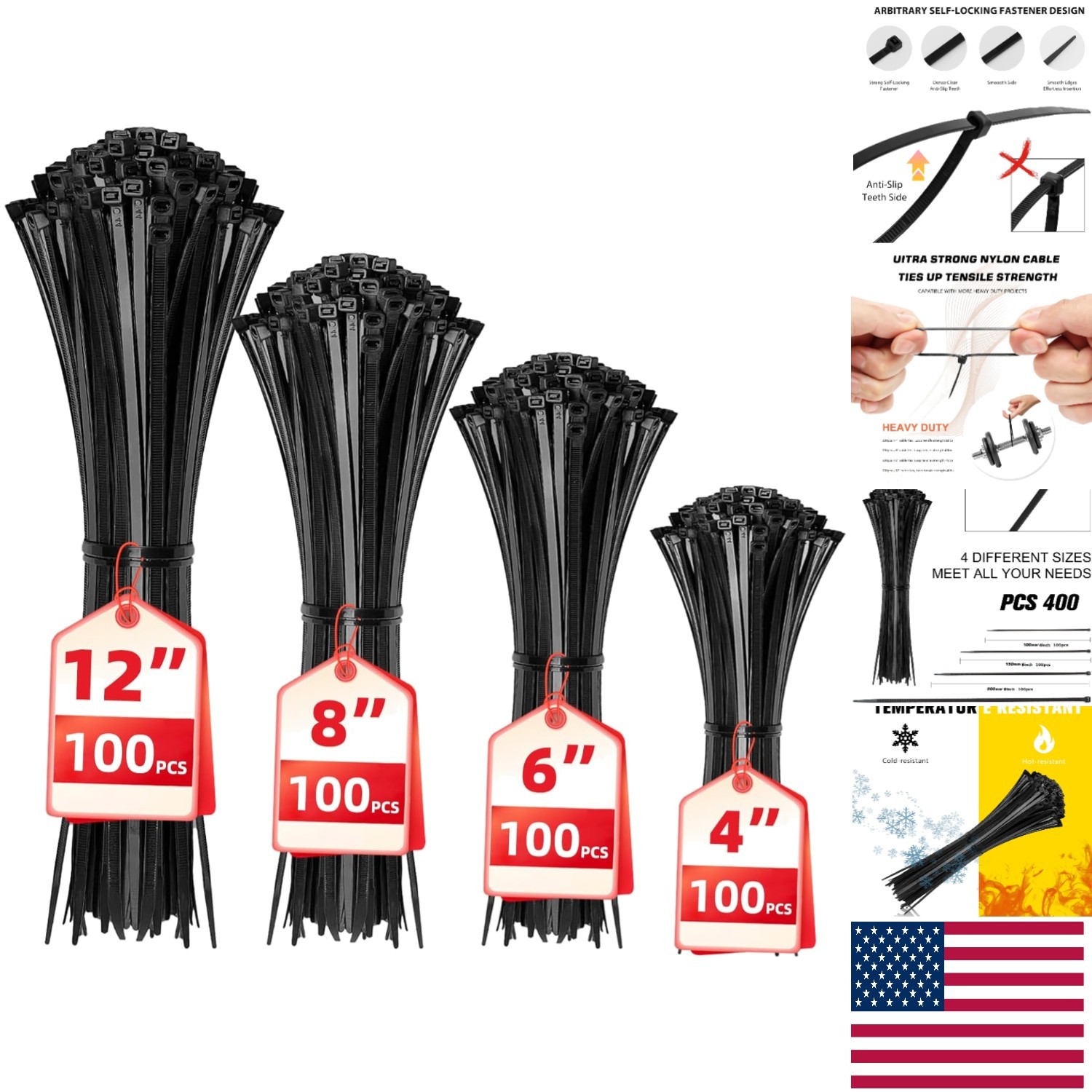 Self-Locking Nylon Cable Ties - 400 Pack (4 to 12 Inch), Durable & Versatile