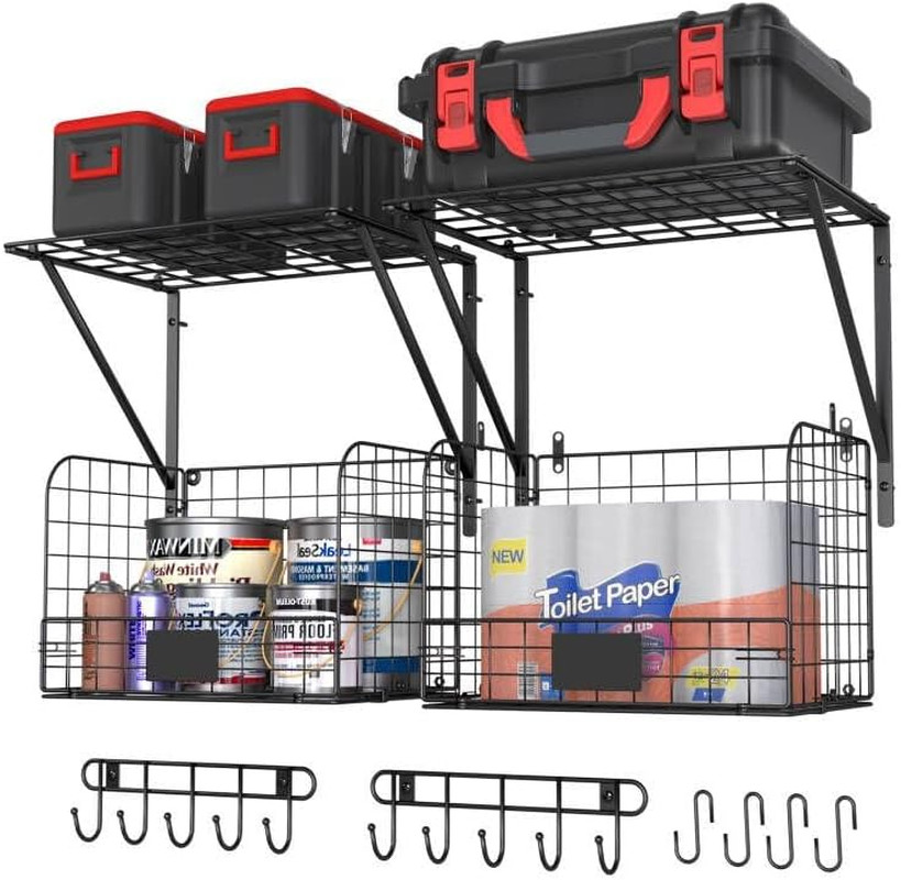 2 Pack Garage Shelves Wall Mounted with Wire Baskets, Heavy Duty Garage Wall She