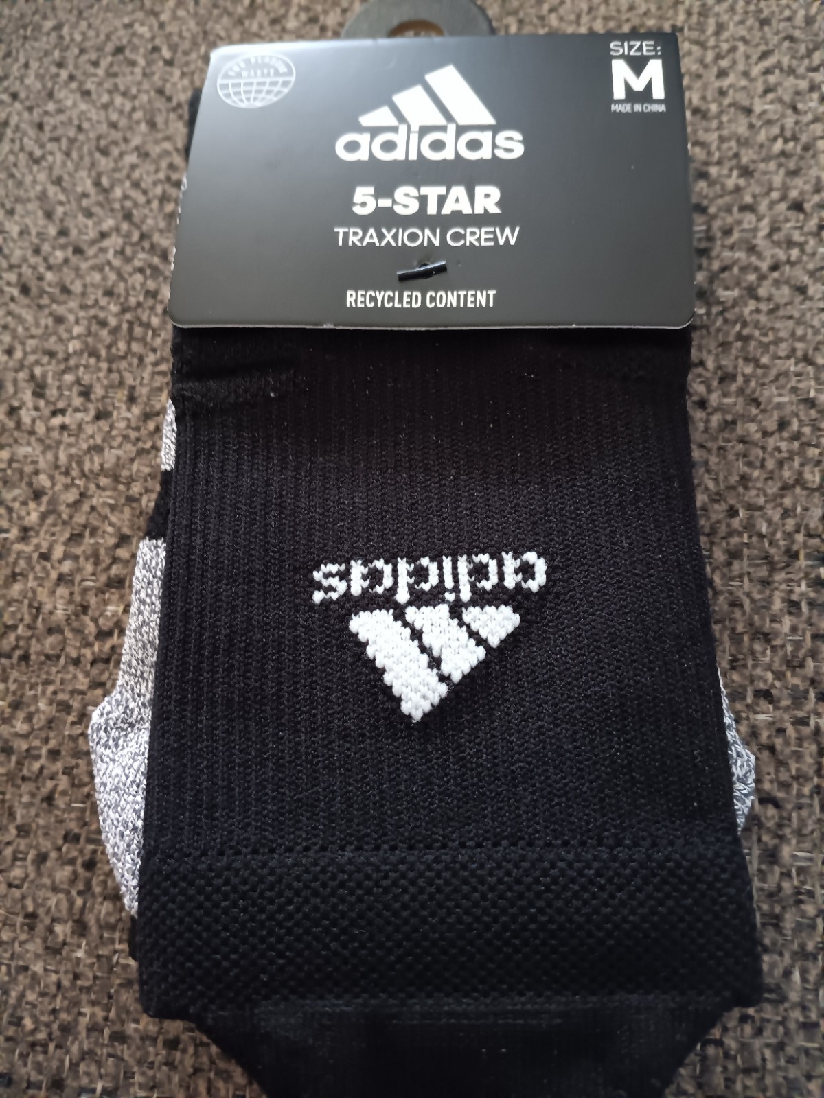NWT ADIDAS 5 STAR TRAXION CREW SOCKS 1 PAIR MEN 6.5-9 W 7-10 BLACK/  WHITE LOOK