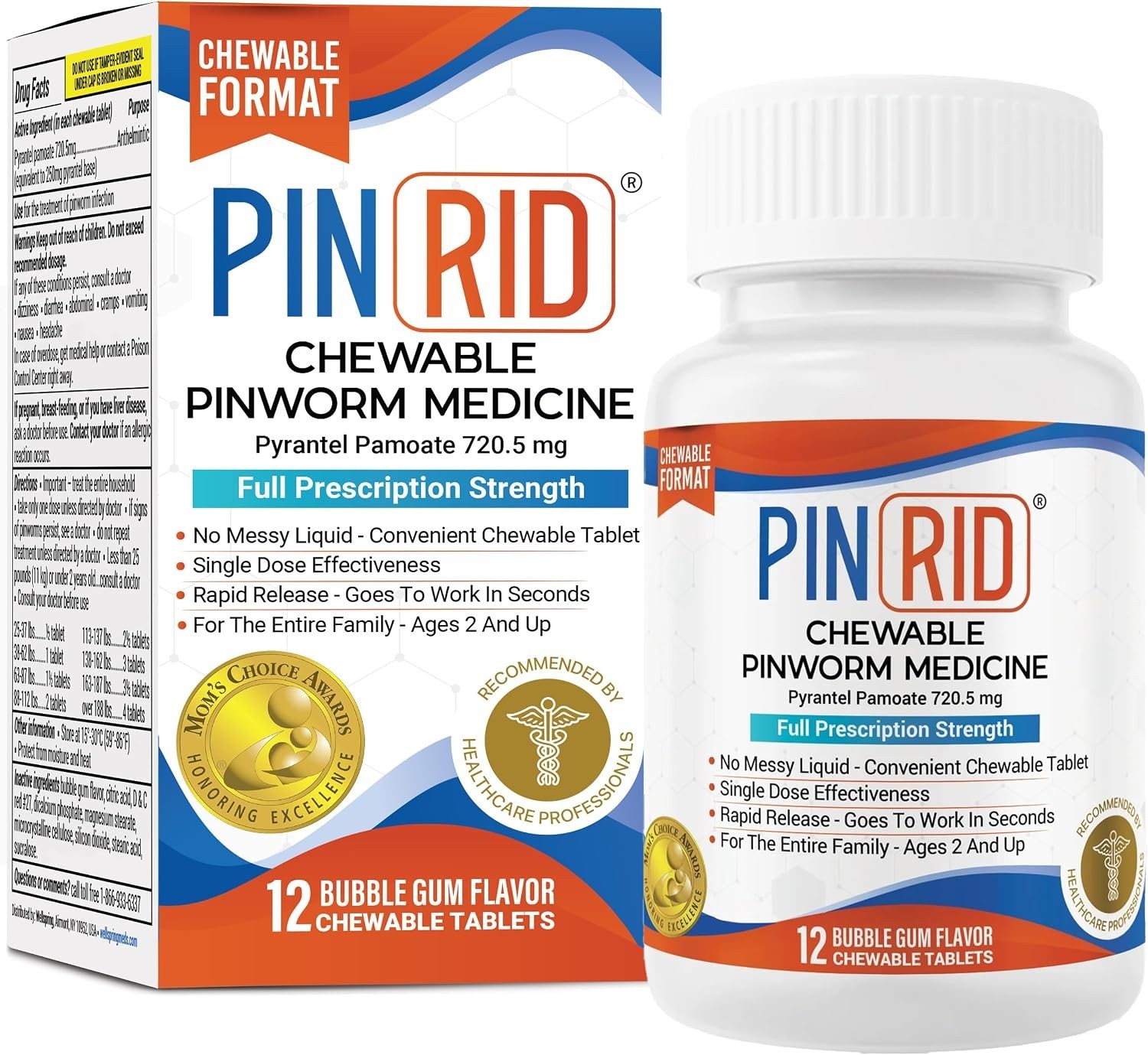 PIN RID - Pinworm Medicine for Family 2+, Bubble Gum Chewable Tablets (12 Doses)