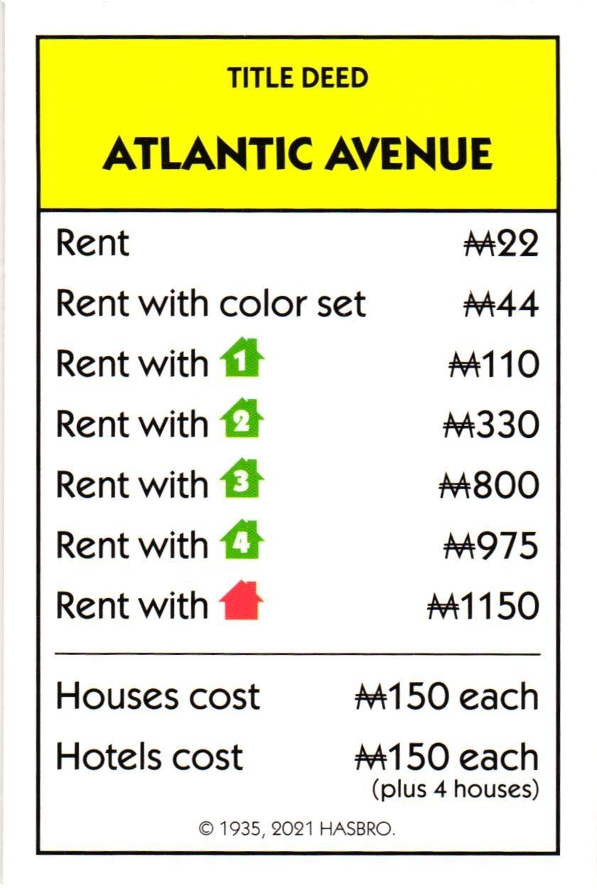 2021 Monopoly Card Atlantic Avenue