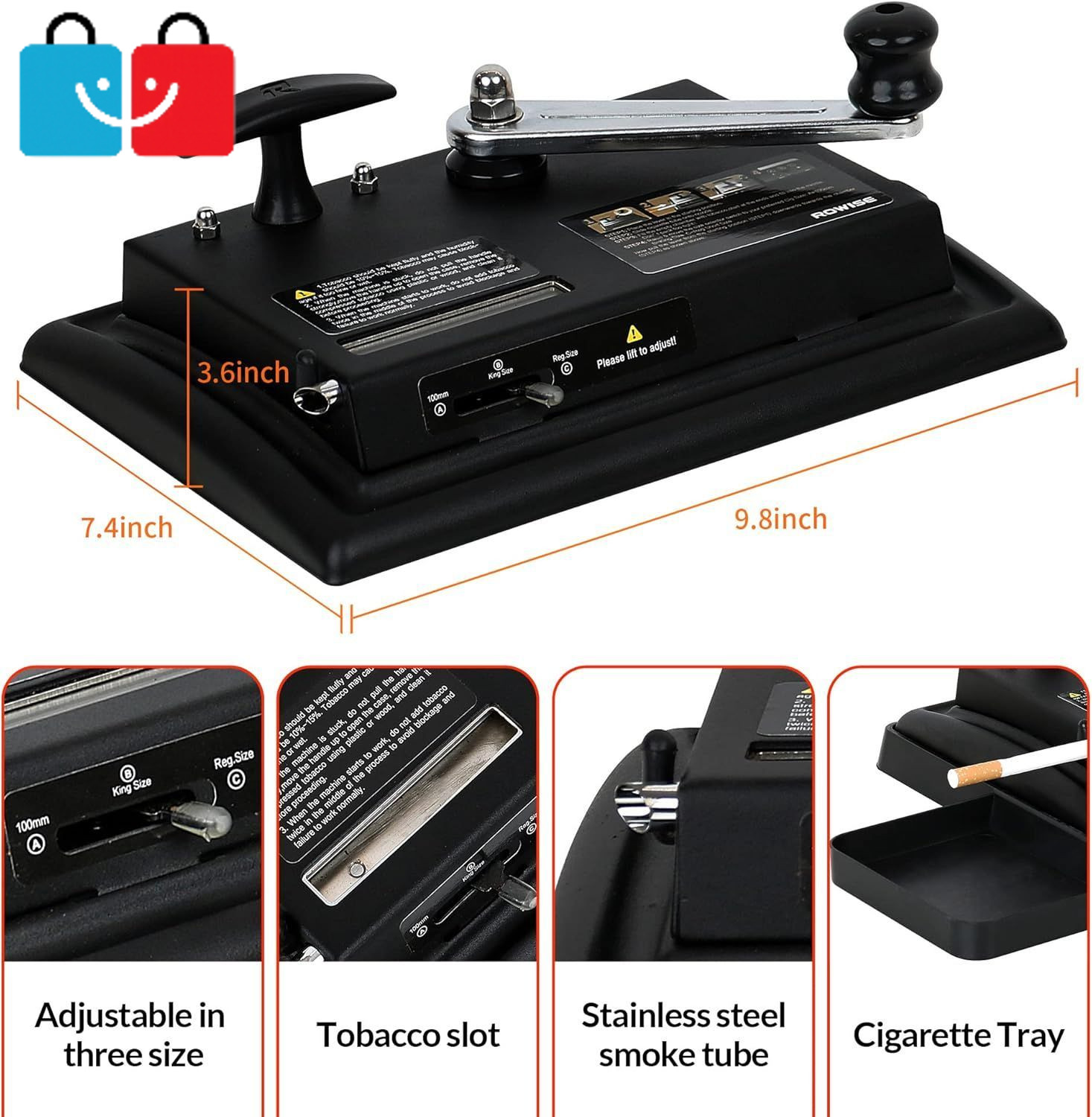 Manual Homemad Cigarette Rolling Machine + Tray & Case, Adjustable for King Size