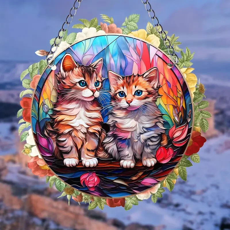 Beautiful Two Kittens Suncatcher Double Sided Round Dyed Acrylic Wall Art Decor