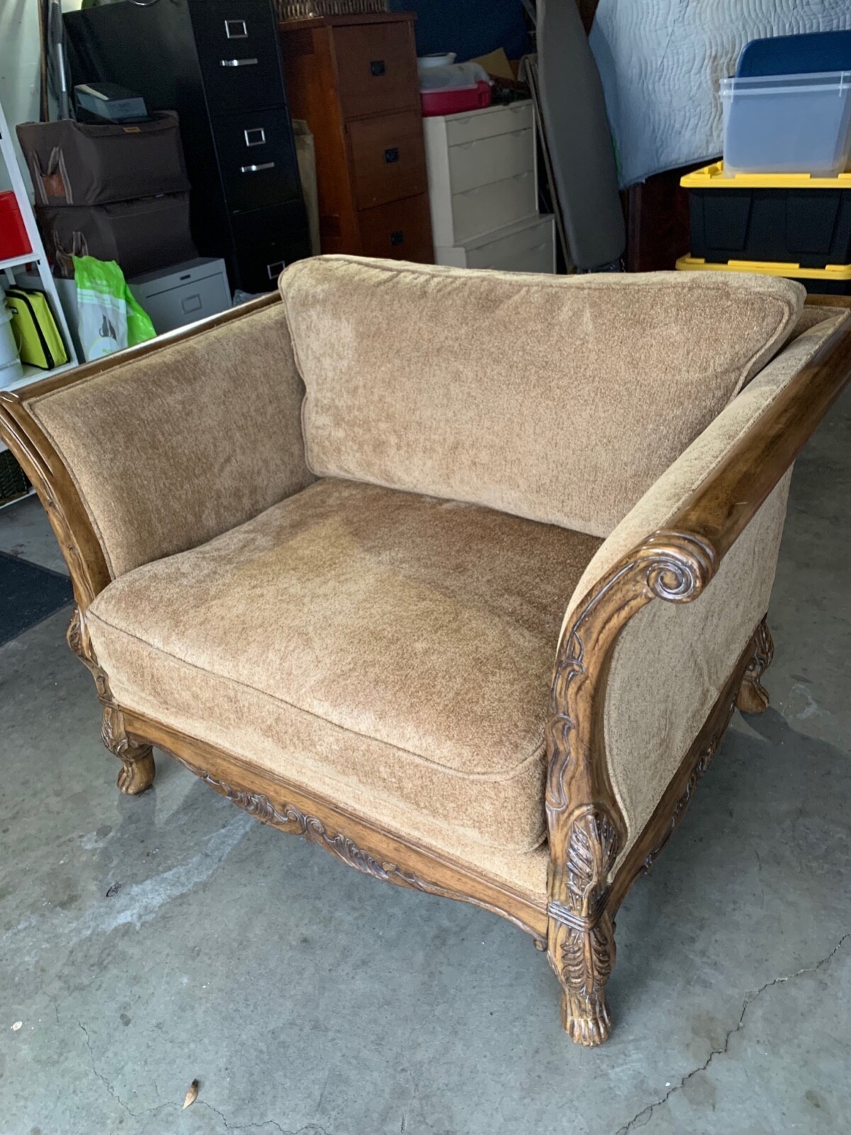 Kensington Oversize Chair, Gold Cushions, with Wood Trim