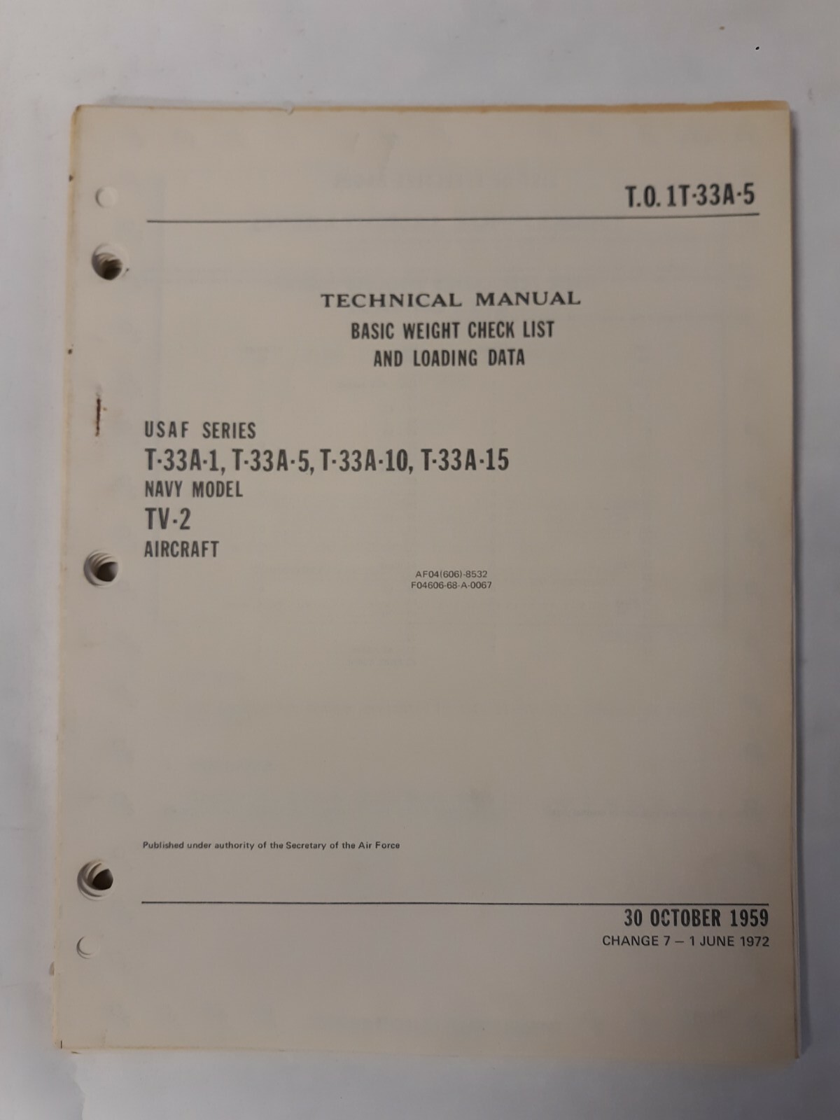 Lockheed T-33A-1-5-10-15/TV-2 Aircraft Basic Weight Checklist & Loading Data