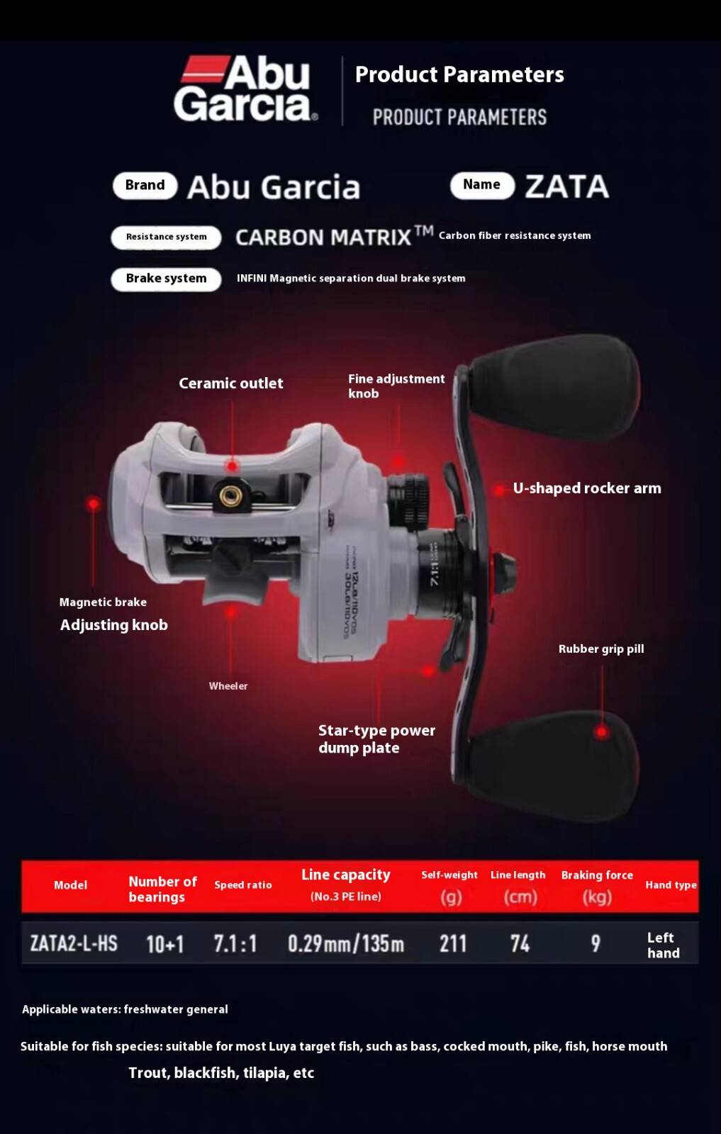Abu Garcia ZATA Low Profile Baitcast Fishing Reel - Left Hand reel