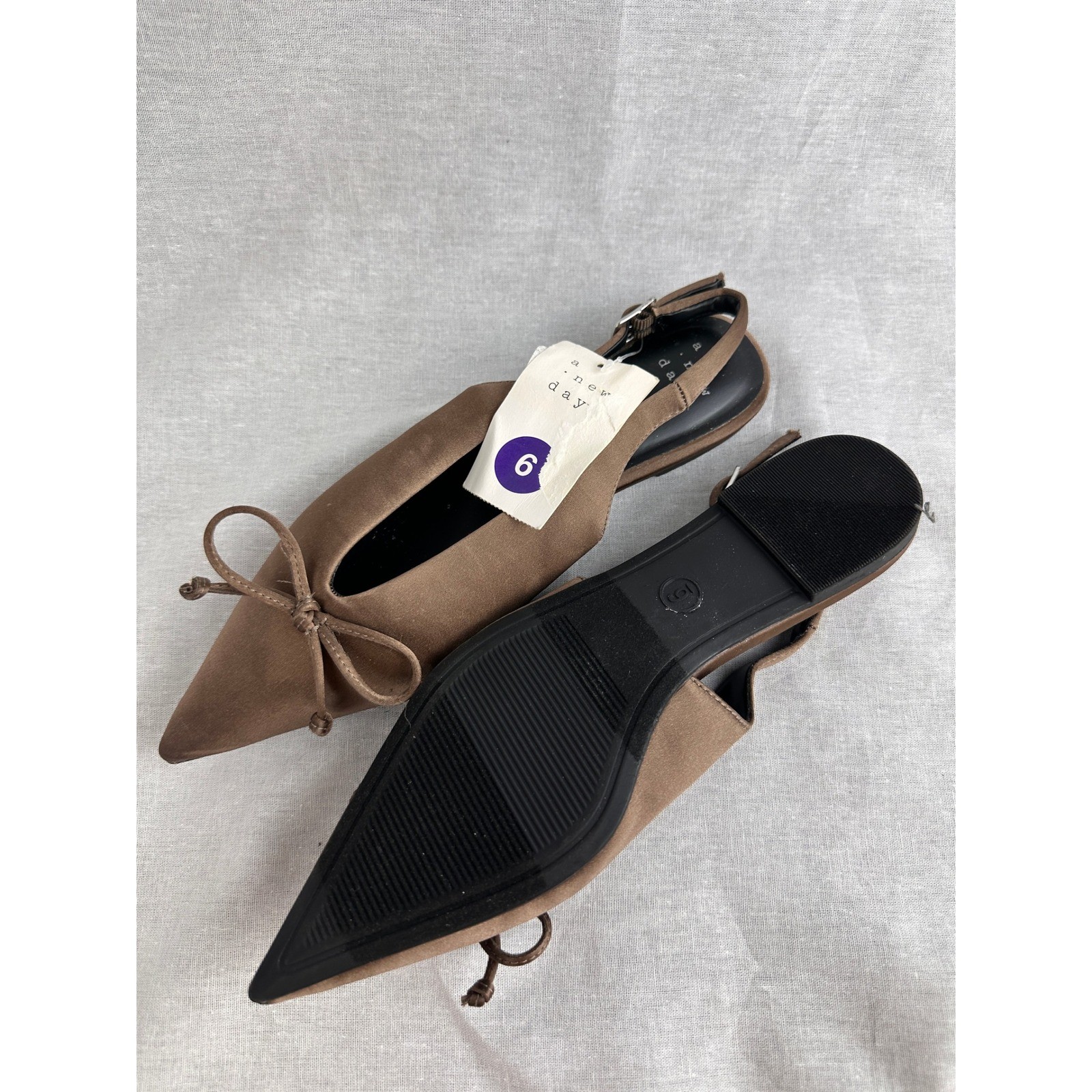 A New Day Women Brown Pointed Toe Slingback Flats with Bow Accent Size 6 New