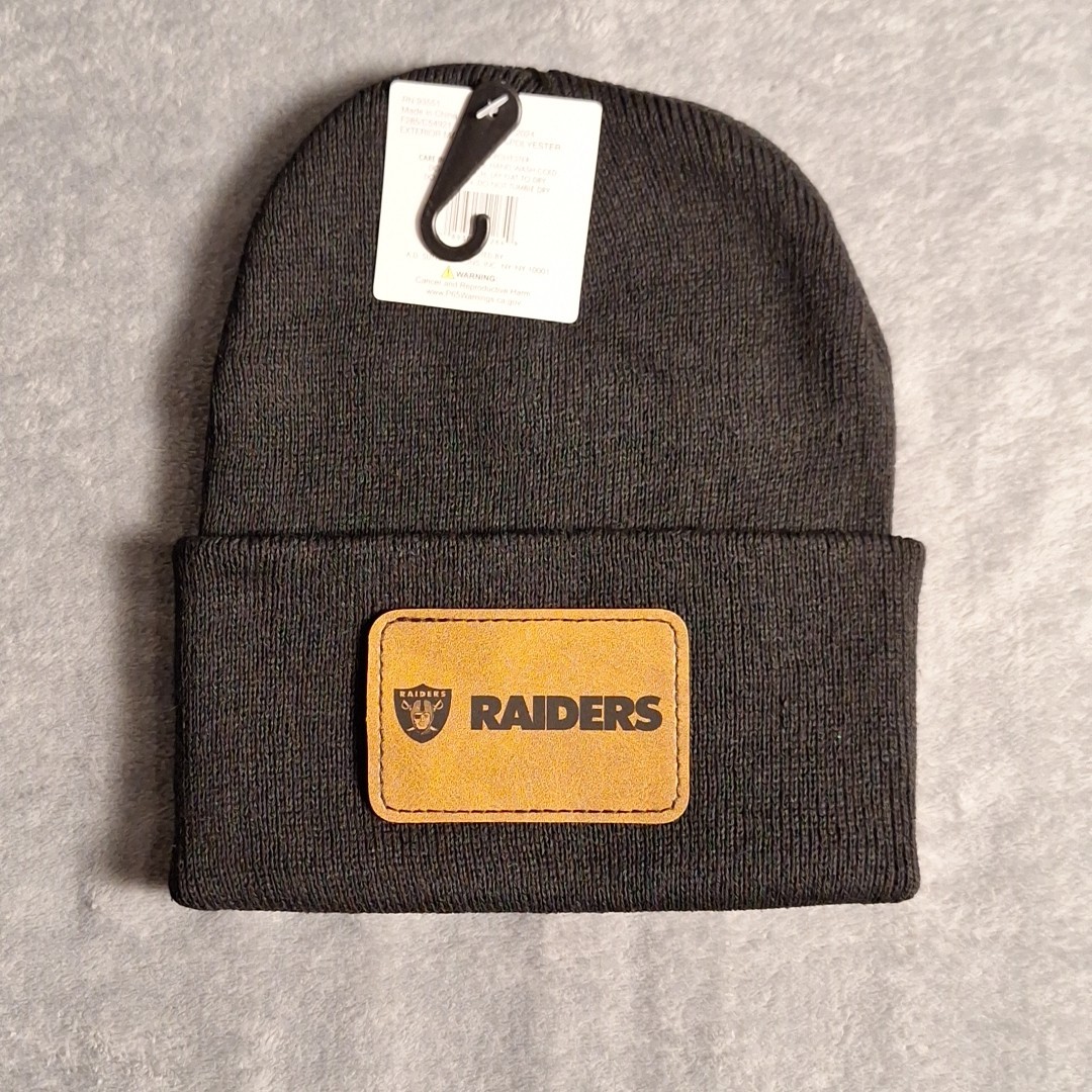 Las Vegas Raiders Leather Rectangle Patch Black Beanie Cap NFL