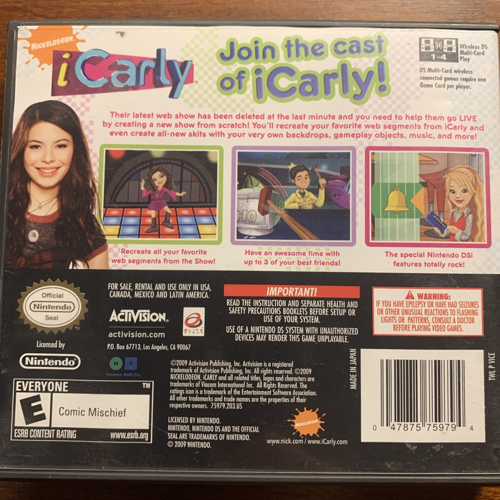 iCarly Nickelodeon Nintendo DS - Authentic USA ***CASE ONLY*** NO GAME****