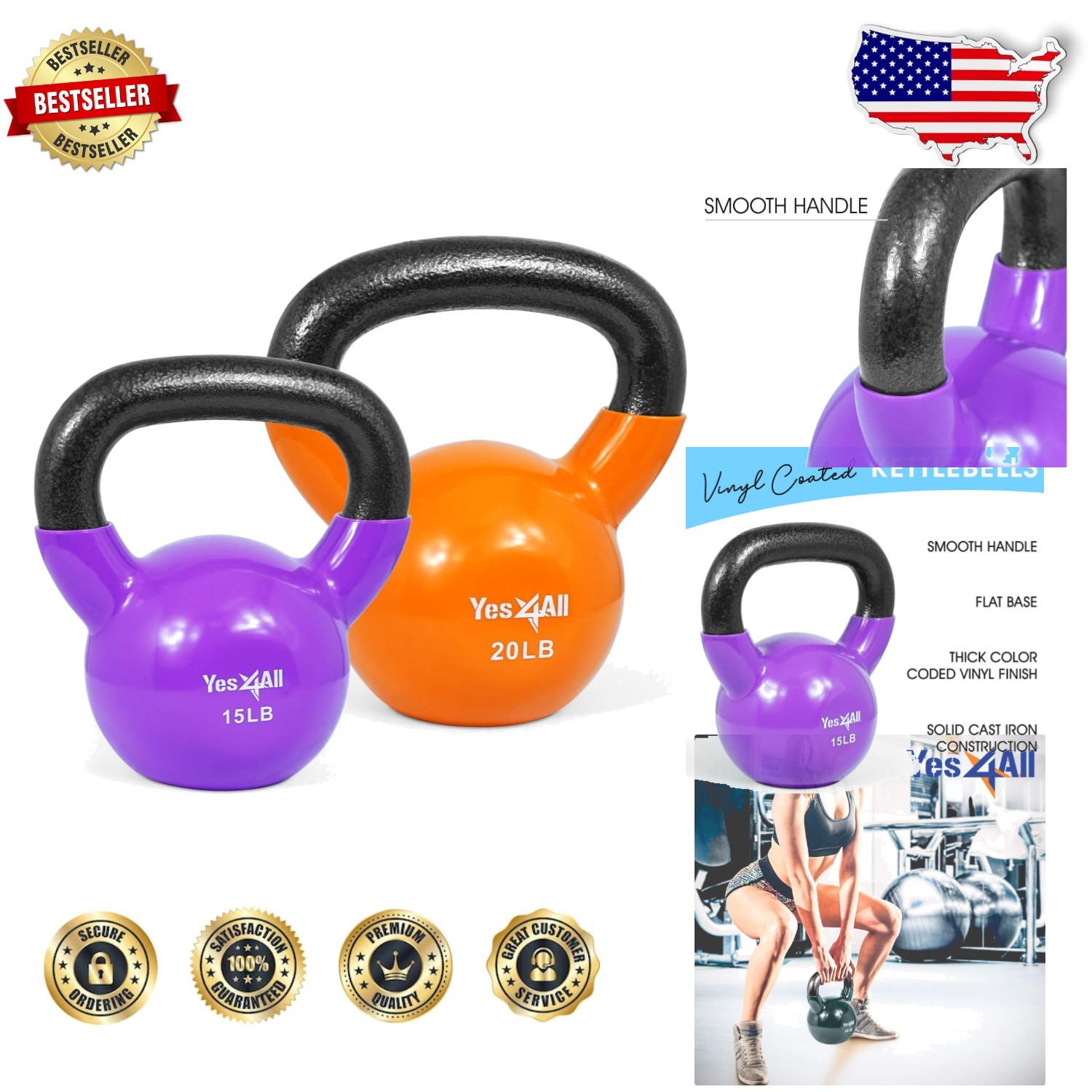 Set of 2 Cast Iron Kettlebells - 20lb Vinyl Coated, Portable, Stable Flat Bottom
