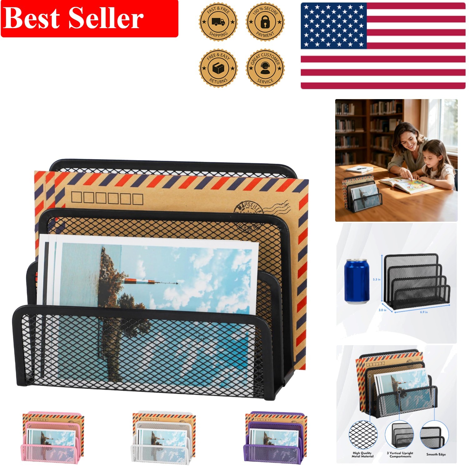 Elegant Black Mesh Desk Mail Organizer with 3 Compartments for Efficient Storage