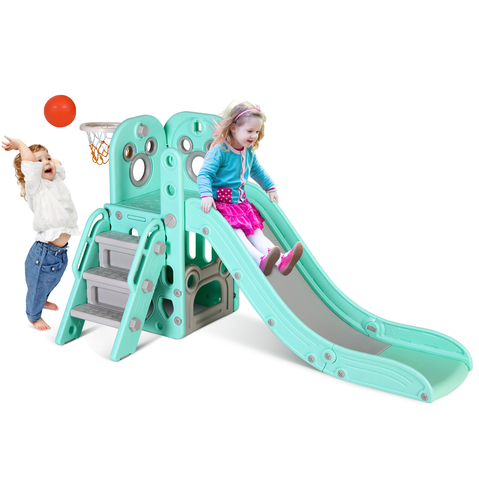 4 in 1 Toddler Slide Indoor Outdoor Kids Climber Slide Playset W/Basketball Hoop