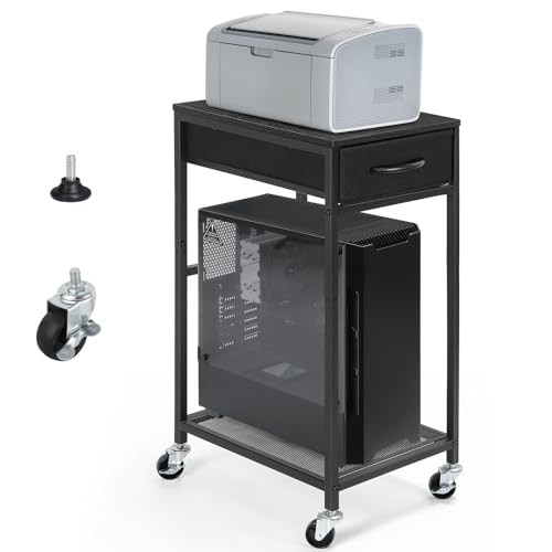 PC Stand 2 Tier Computer Tower Stand with Drawer Mobile Computer Cart Black