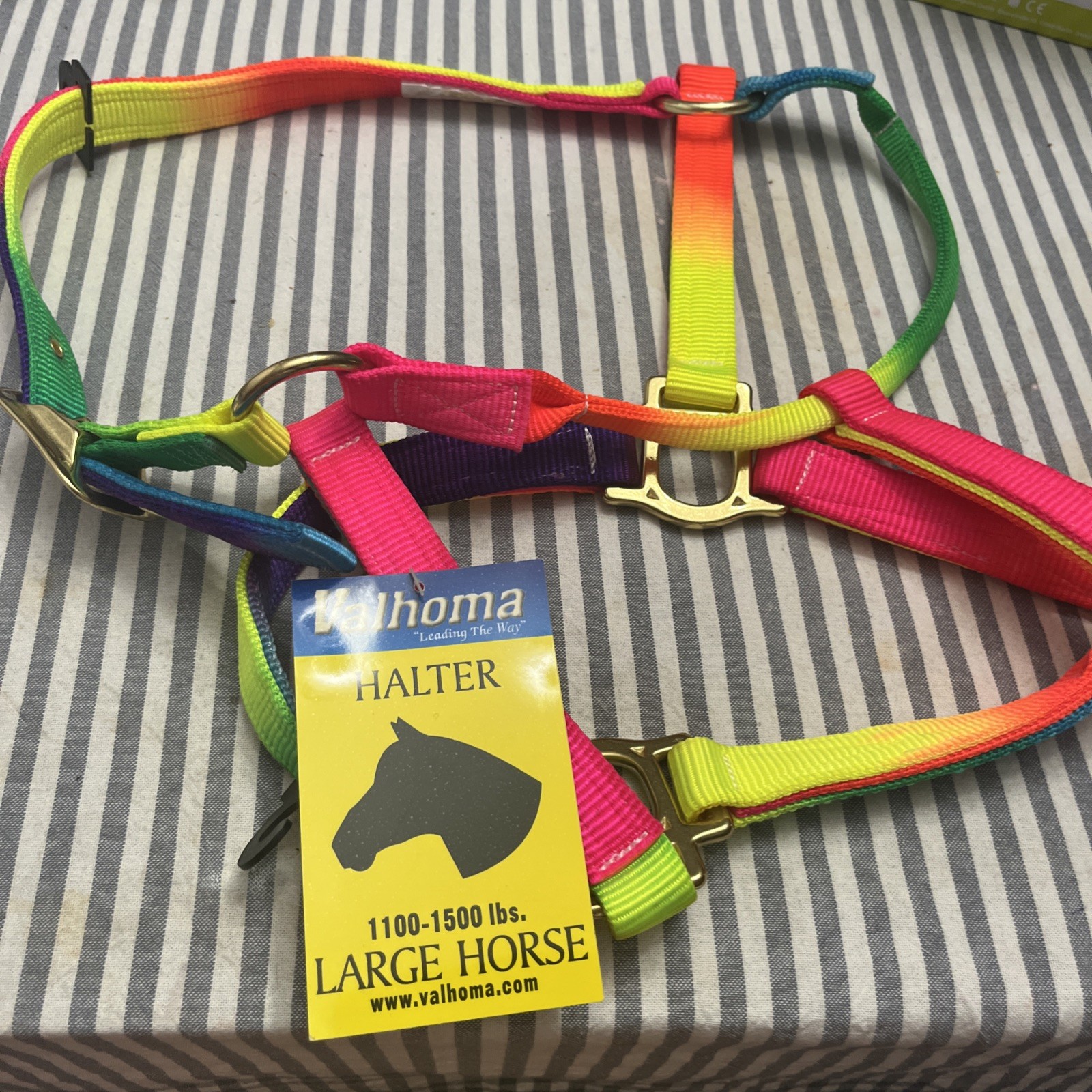 NEW - VALHOMA HORSE HALTER    SIZE:  1100 - 1500 LBS. Rainbow Color. Brass Metal