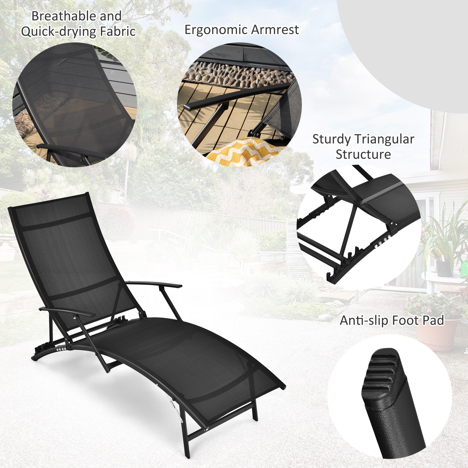 2PCS Patio Folding Lounge Chair Chaise Recliner Adjustable Stackable W/Armrest