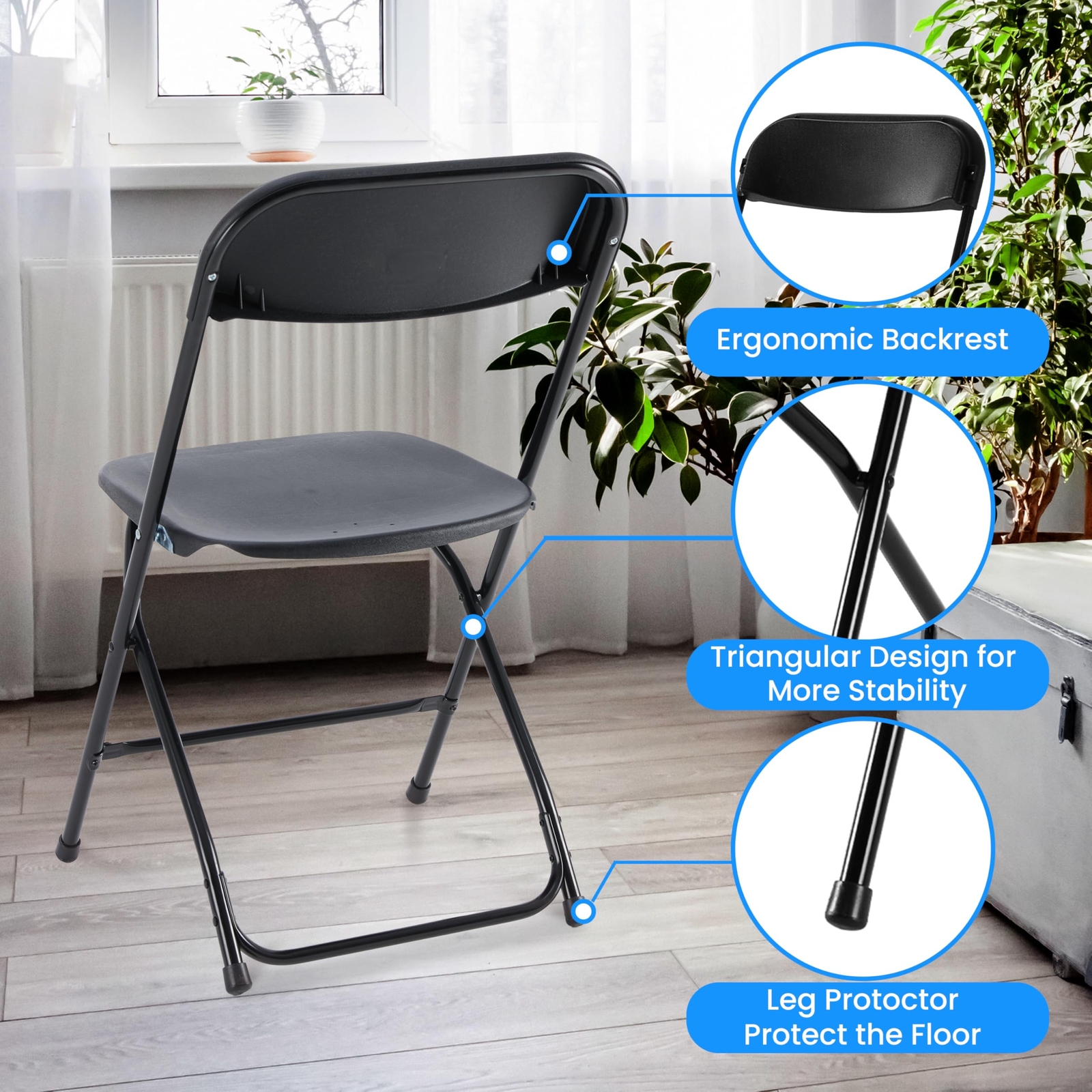 6 Pack Foldable, Stackable Metal-Framed Black Chairs - Durable & Portable