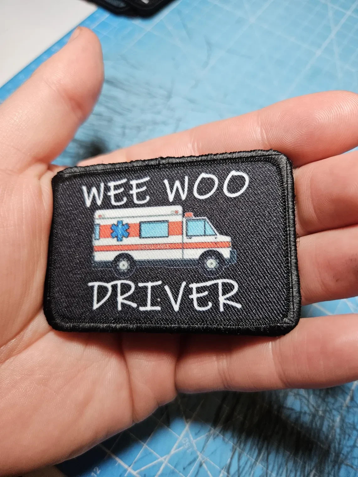 Wee woo driver ambulance EMT funny 2"x3" removable patch hook and loop backing