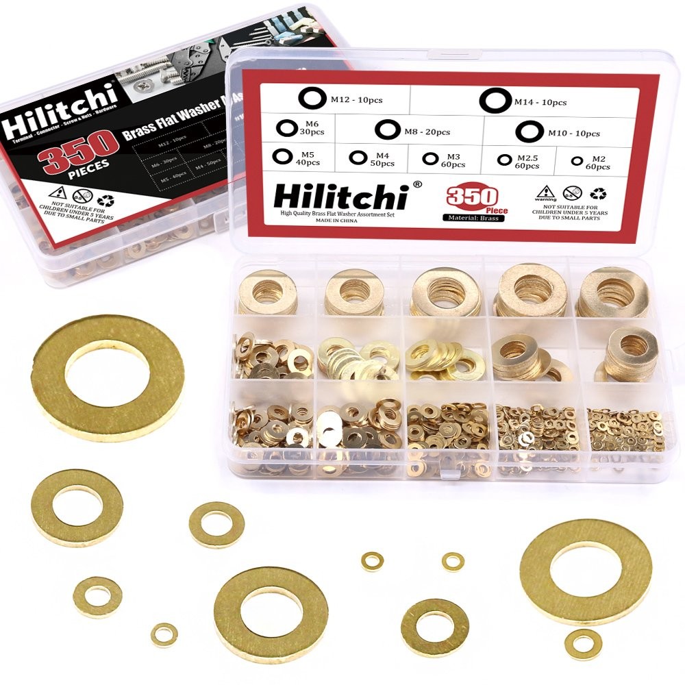 Hilitchi 350-Pcs [10 - Size] Brass Flat Washer Assortment Set - M2 to M14