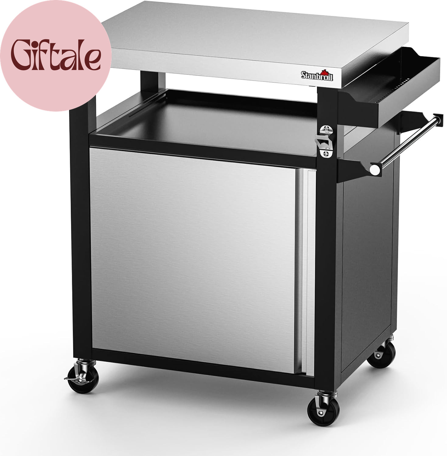 Rolling Grill Table Cart with Storage Cabinet, 3-Shelf Movable Prep Table Outdoo
