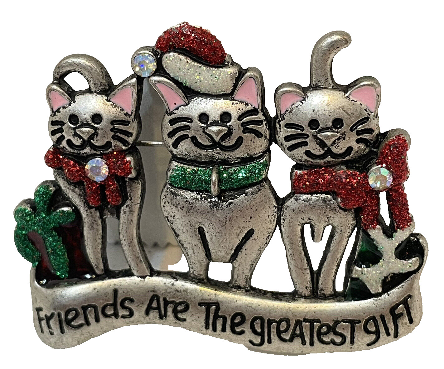 Christmas Cats Pin Brooch Friends are the Greatest Gift Silver Rhinestones