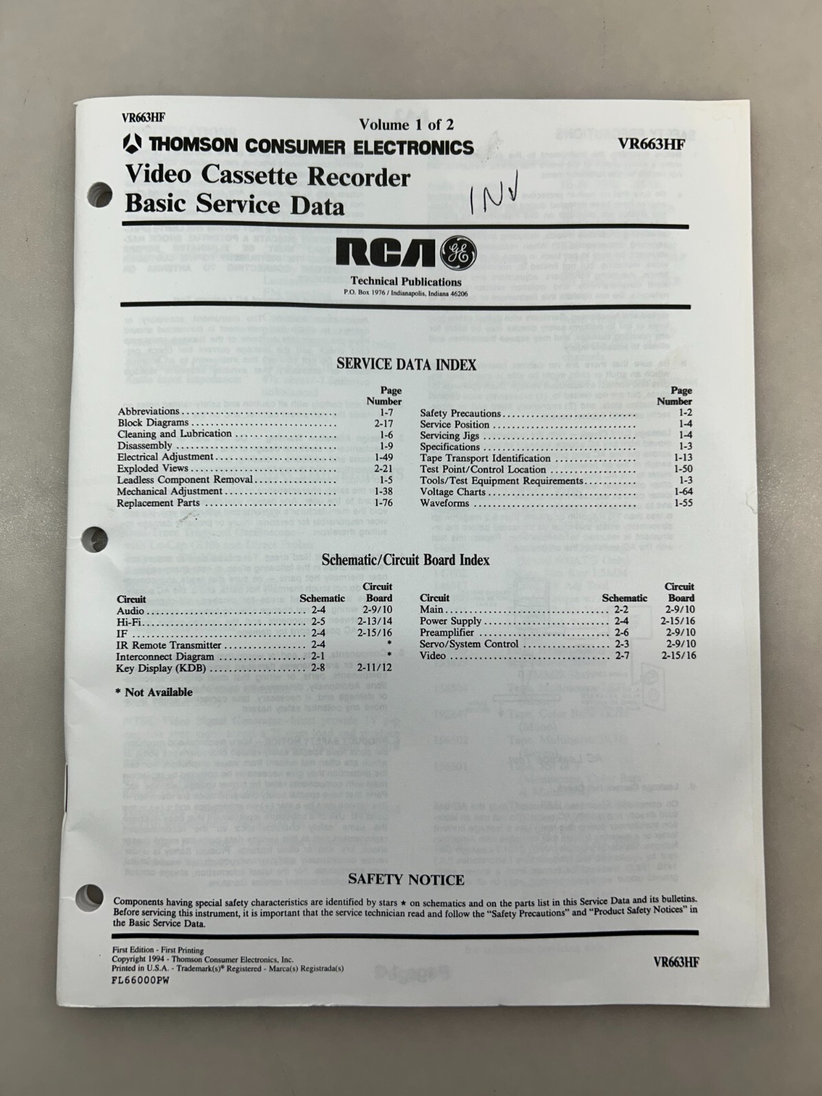 RCA VR663HF Original Service Manual Free Shipping