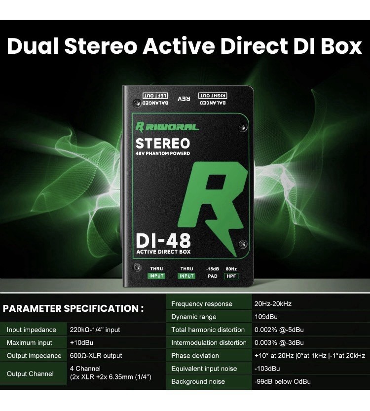 Direct Box with Dual 1/4” High-Impedance Stereo Inputs Di Boxes Active