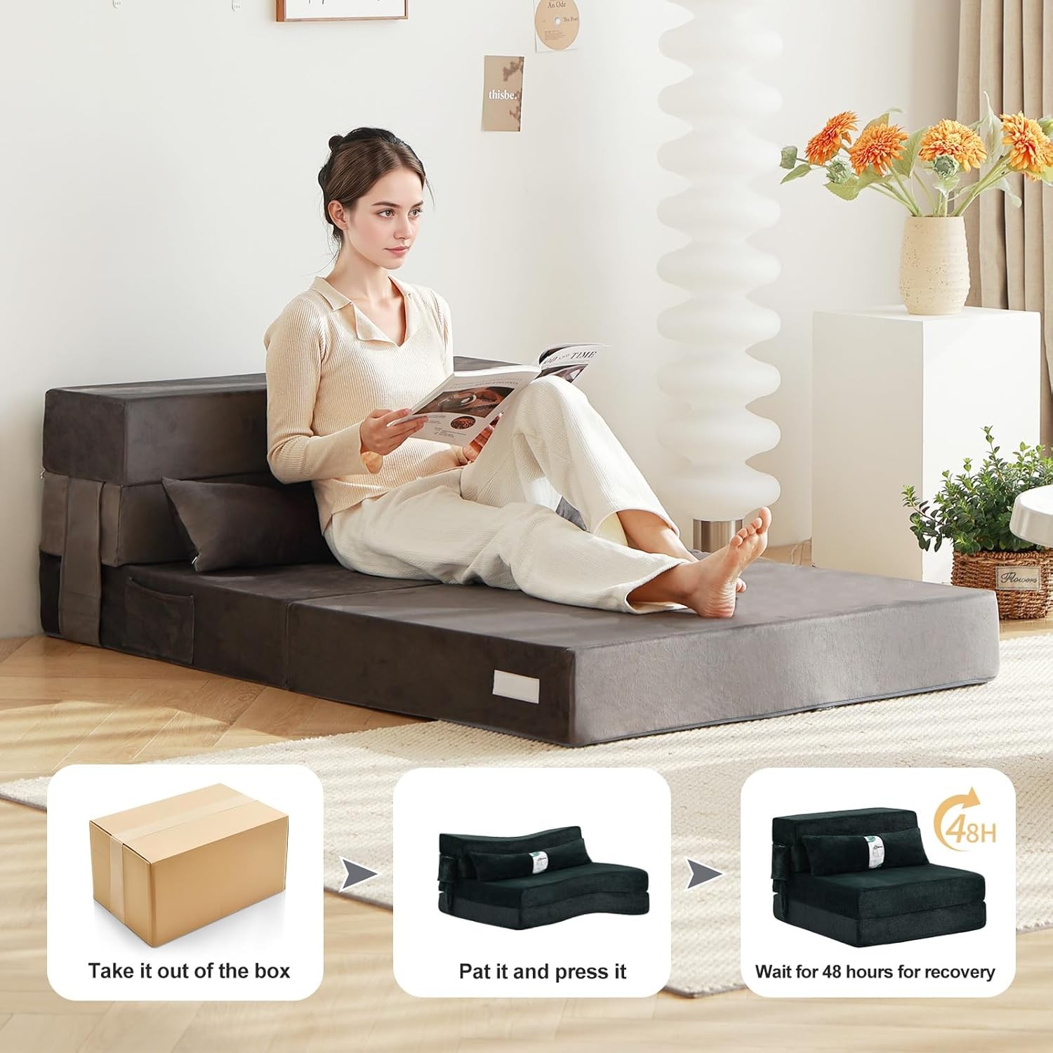 Folding Sofa Bed Couch Single Size Foldable Futon Chair W/ Pillow Folding