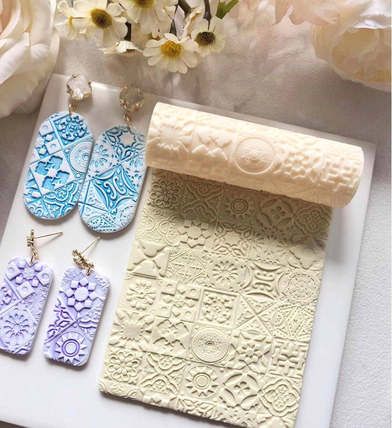 Polymer Clay Texture Roller Work with Polymer Clay Cutters for DIY Earrings