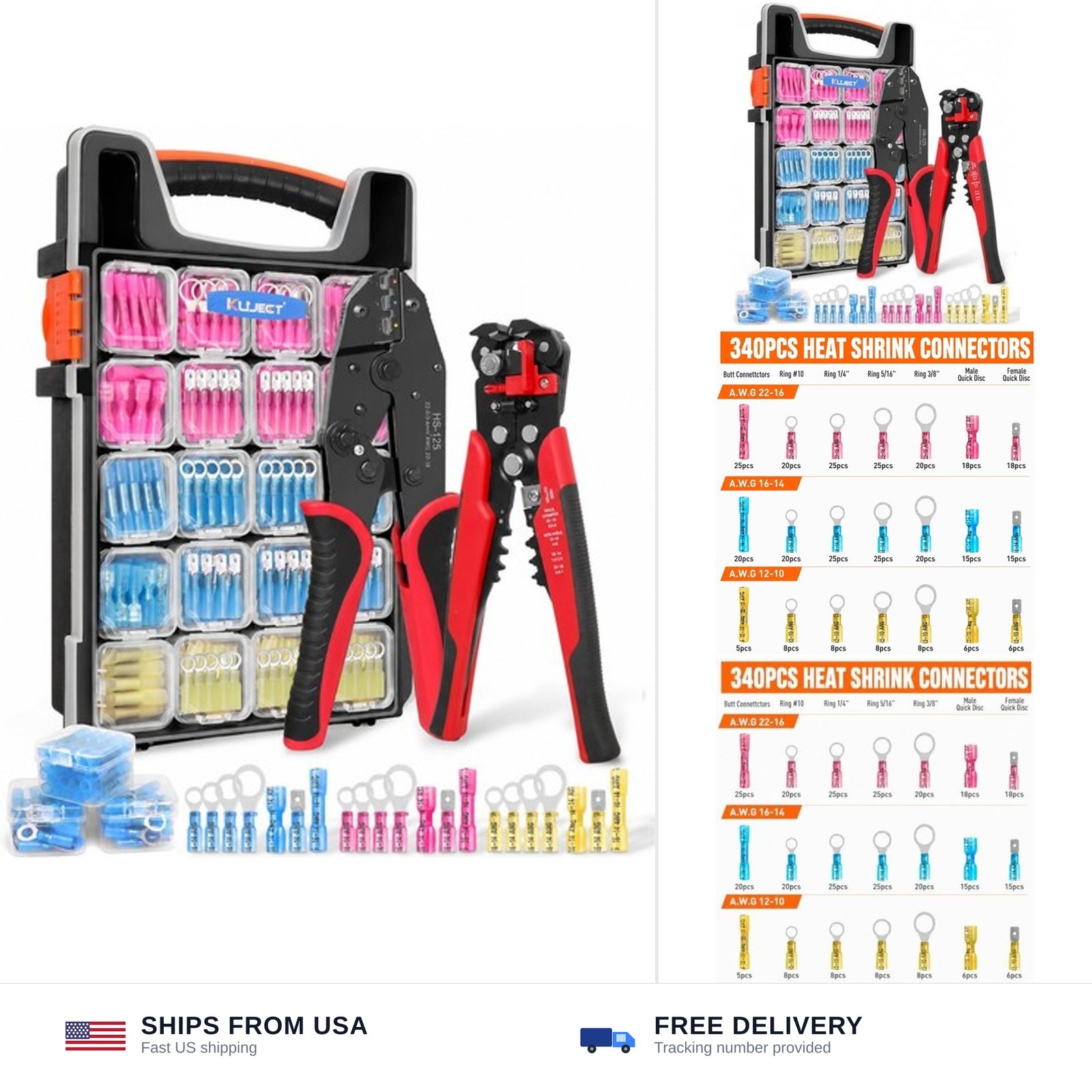 Kuject Crimping Tool Kit with 340 PCS Heat Shrink Connectors | AWG 22-10, Por...