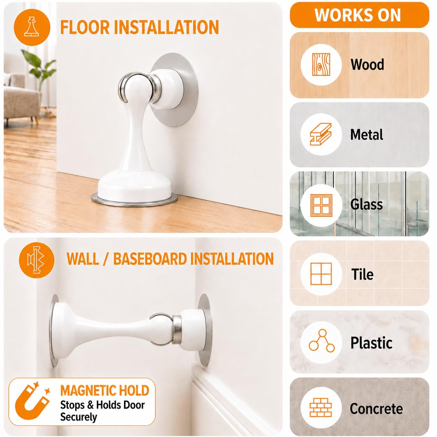 4 Pack White Magnetic Door Stops No Drilling with Adhesive