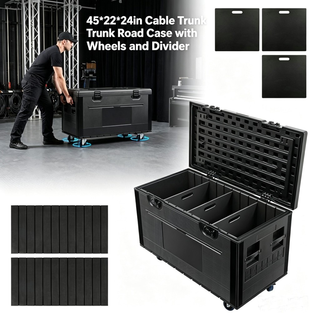 44" x 22" x 24" Cable Trunk Road Case w/ Wheels and Divider Stackable Road Case