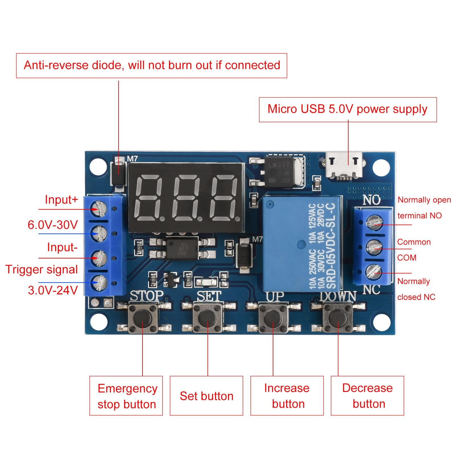 FORIOT 2pcs 5V Micro USB Timer Relay DC 6-30V Programmable Cycle Delay Usb