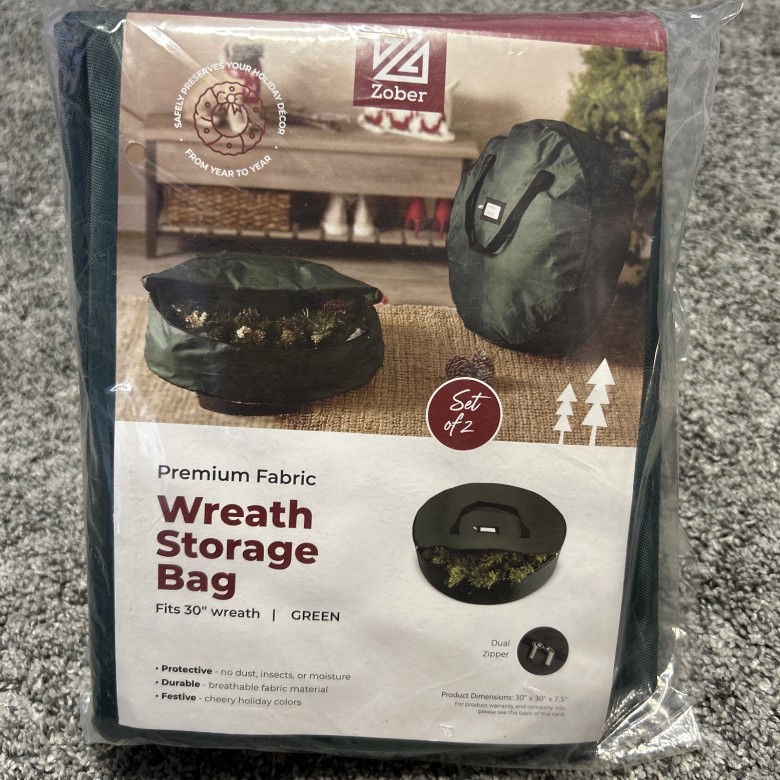 Set of 2 ZOBER Wreath Storage Bags 30” Green New in Package 30x30x7.5”