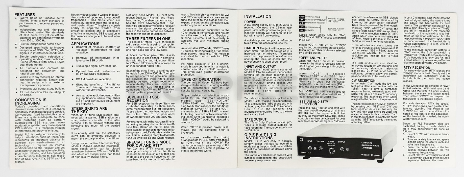 Datong Electronics Model FL2 Multimode Audio Filter Brochure & User Manual