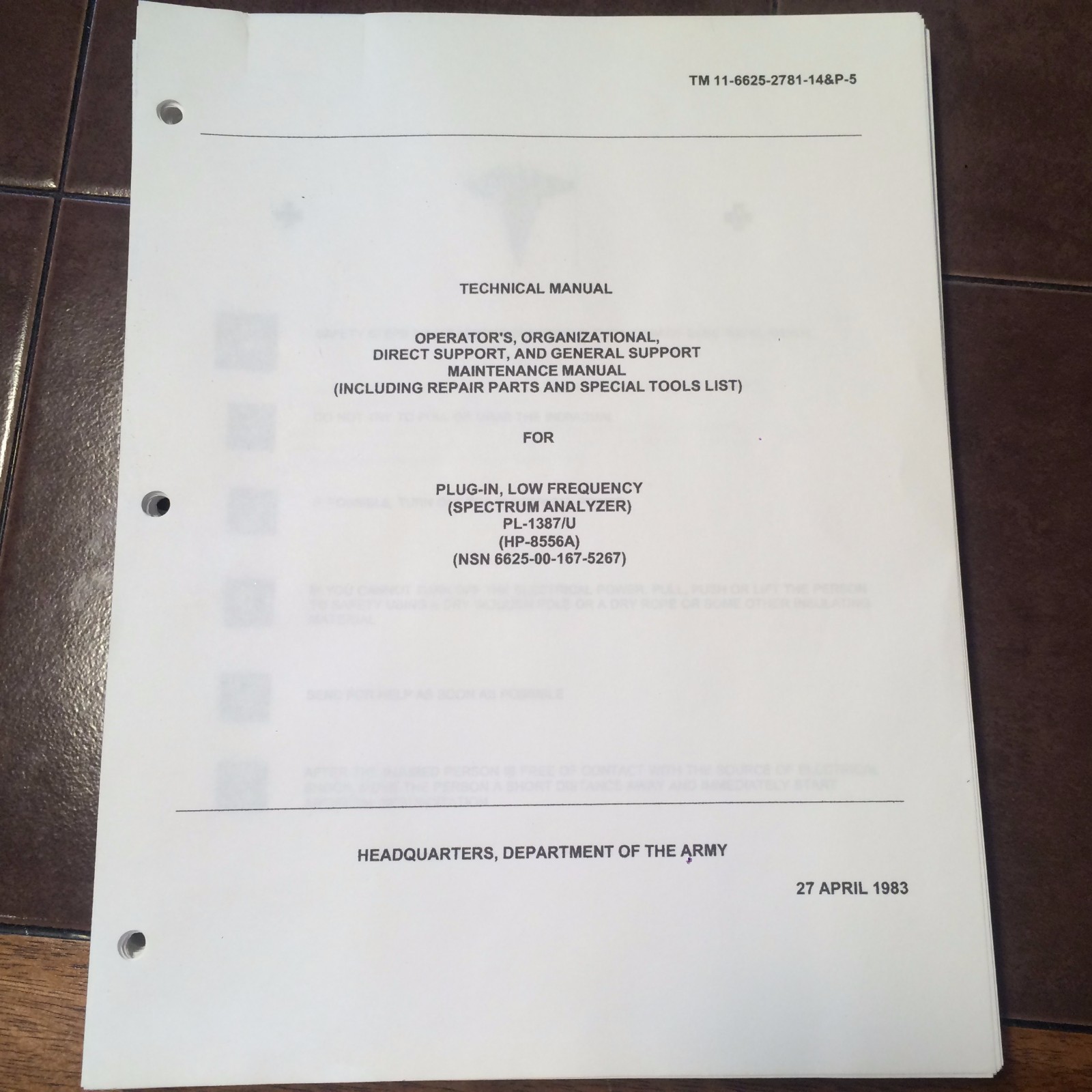 Hewlett Packard HP 8556A Spectrum Analyzer Service Parts Manual aka PL-1387/U