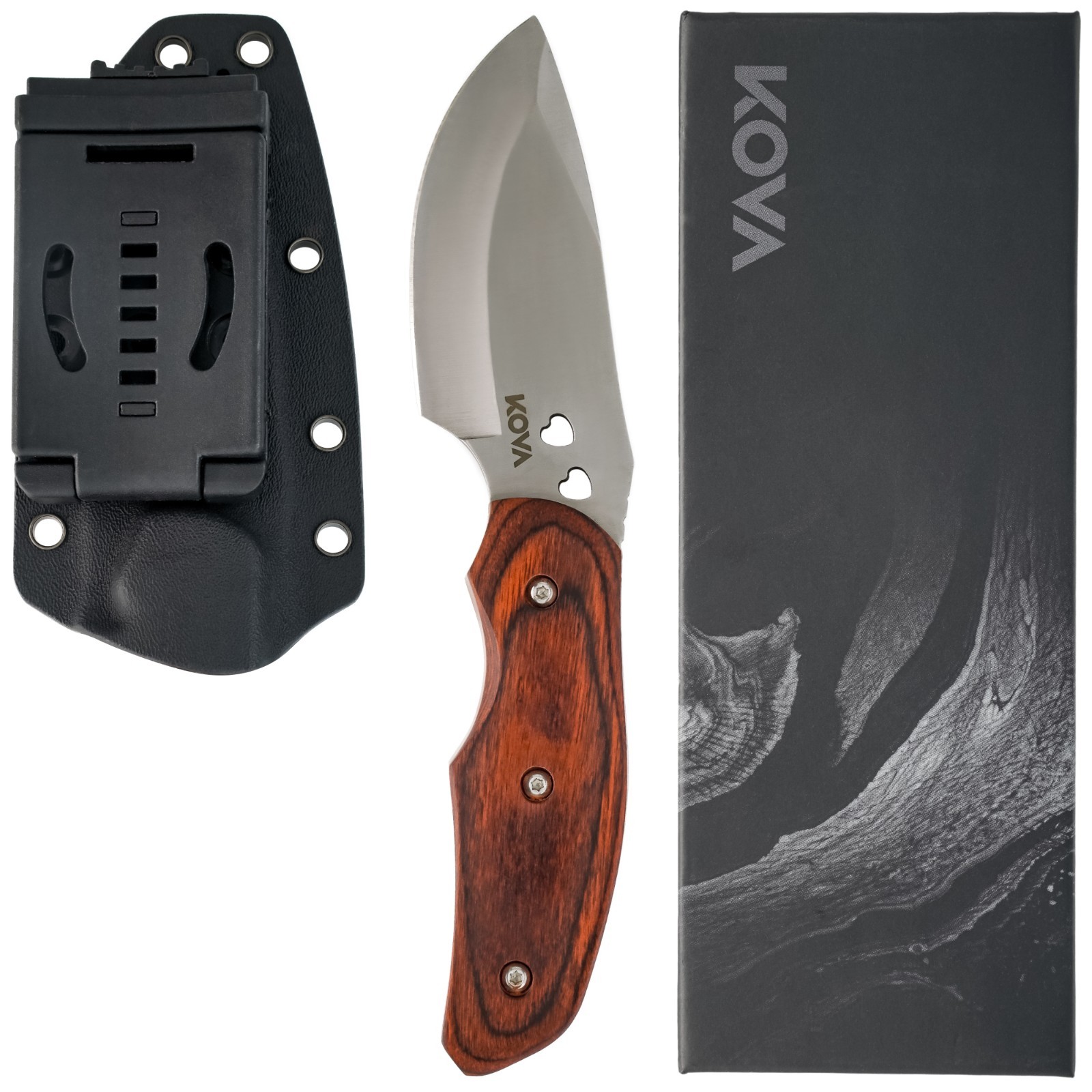 KOVA 8" Woodland Love Knife - SS Blade Hardwood Handle Kydex Sheath - 5.09 oz