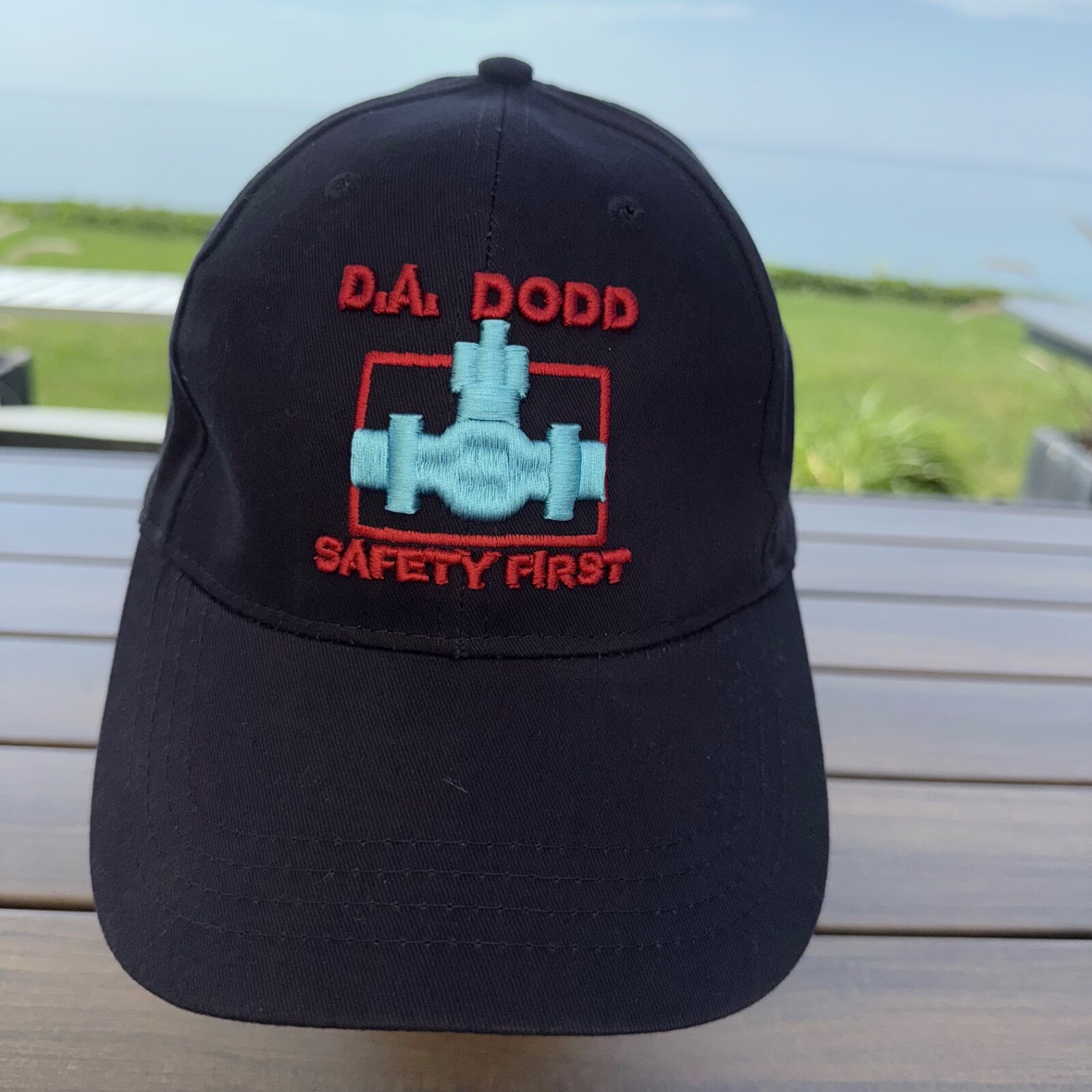D.A. Dodd Red w Lite Blue Logo on Navy Cotton Hat Cap Hook Loop Safety First