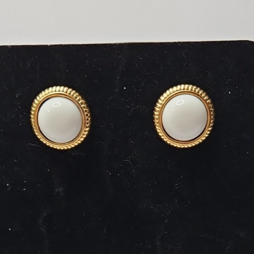 VintageRound White Lucite Gold Tone Pierced Earrings