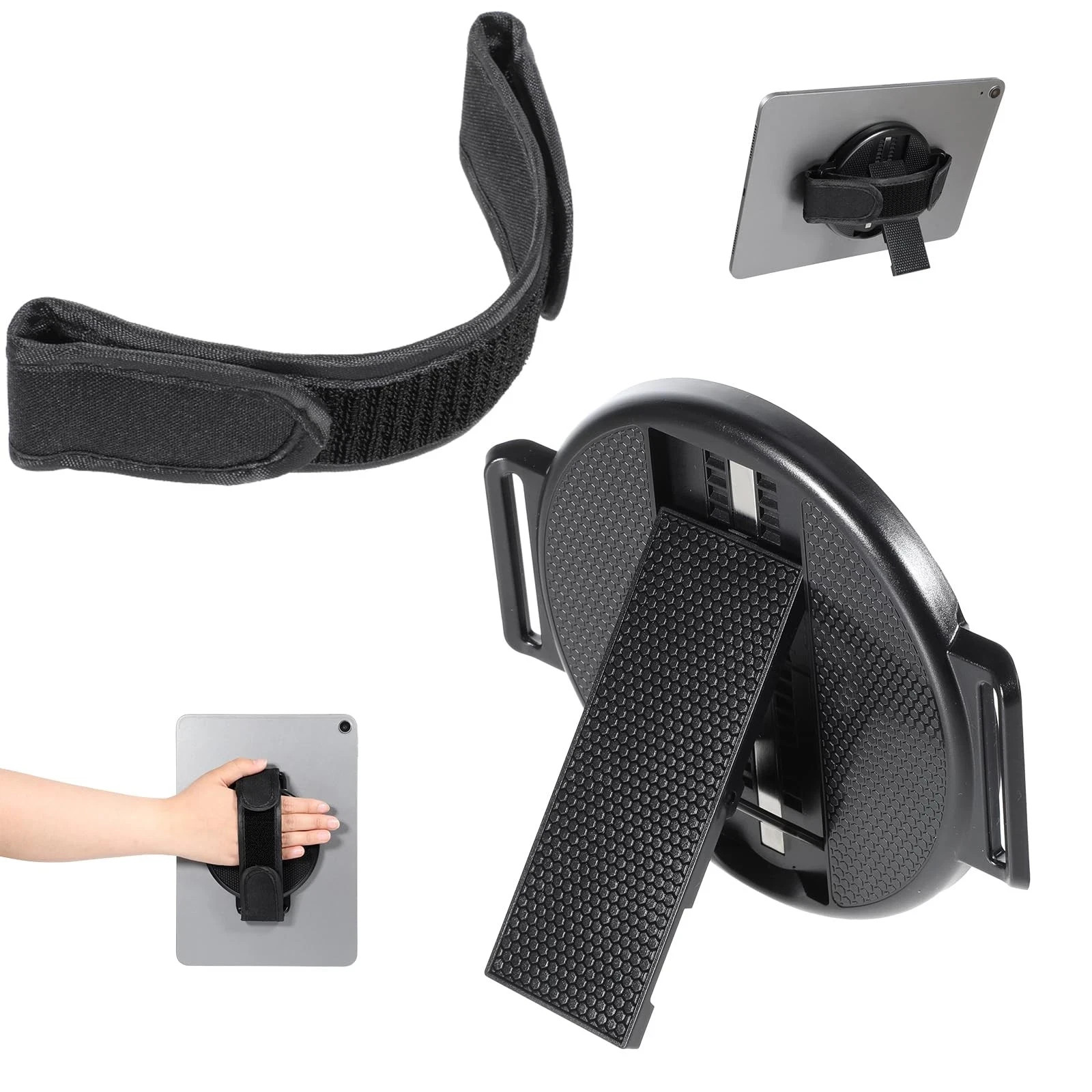 Tablet Stand with Hand Strap 360 Degree Rotating Sticky Black