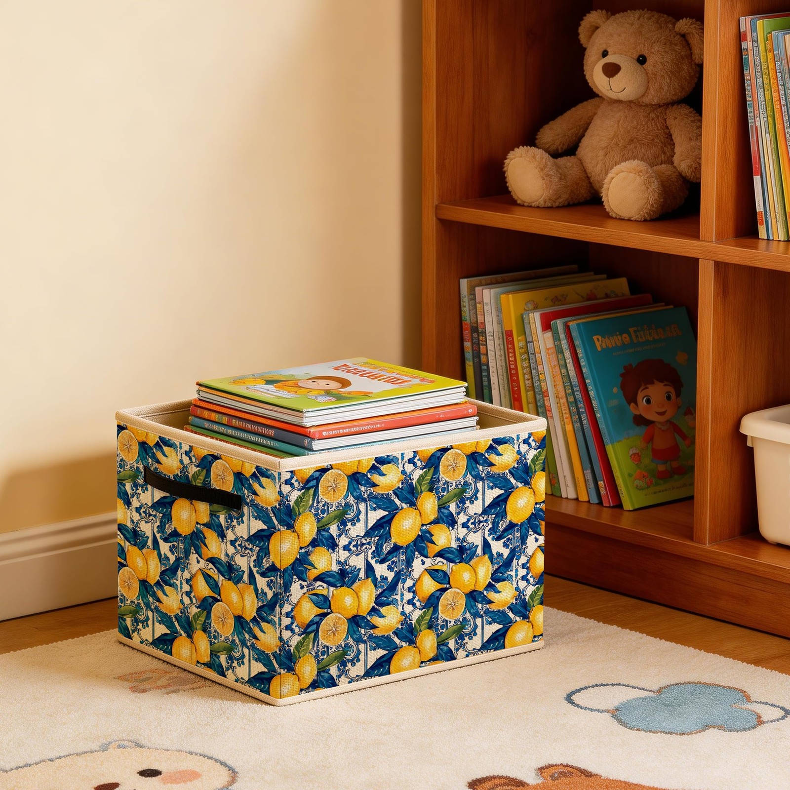 Navy Blue Lemon Storage Bin Box, Italian Mediterranean Summer Lemon Fruit Bot...