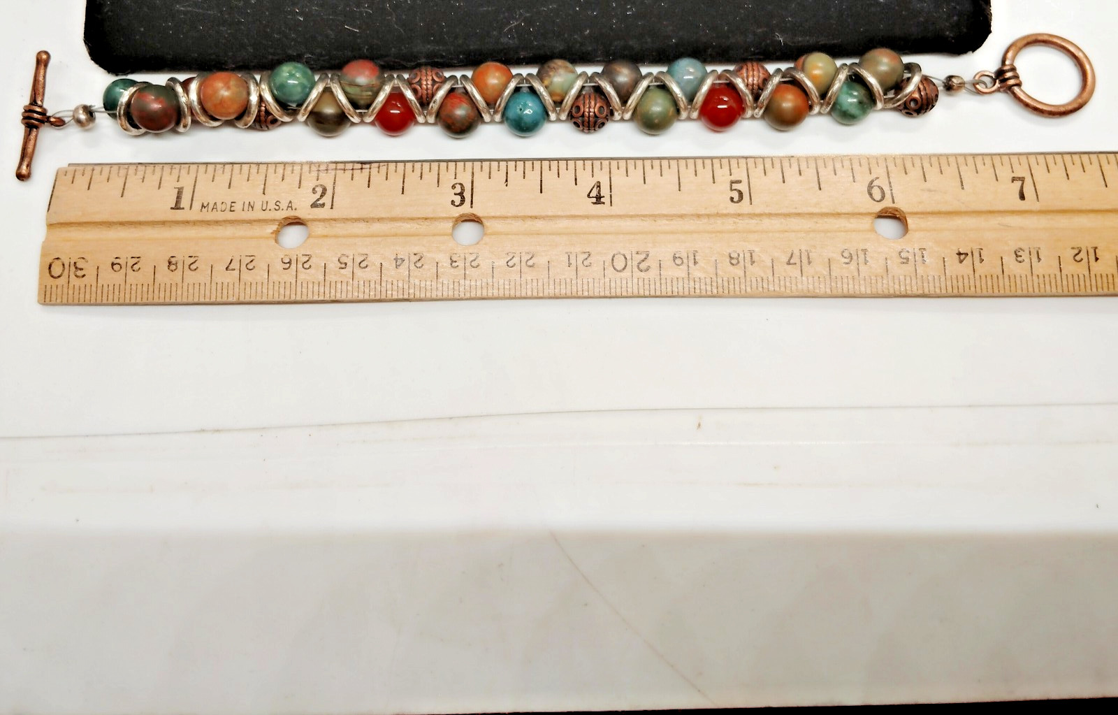 Handcrafted Bracelet Fall Multicolor Beads,Silver &Brasstone Ring/Bar Clasp 7.5"