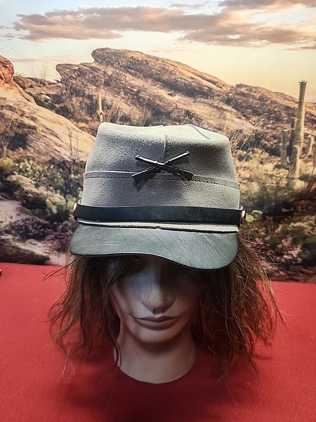 Confederate Gray Leather Civil War Henschel Hat Cap Size Large Crossed Guns EUC