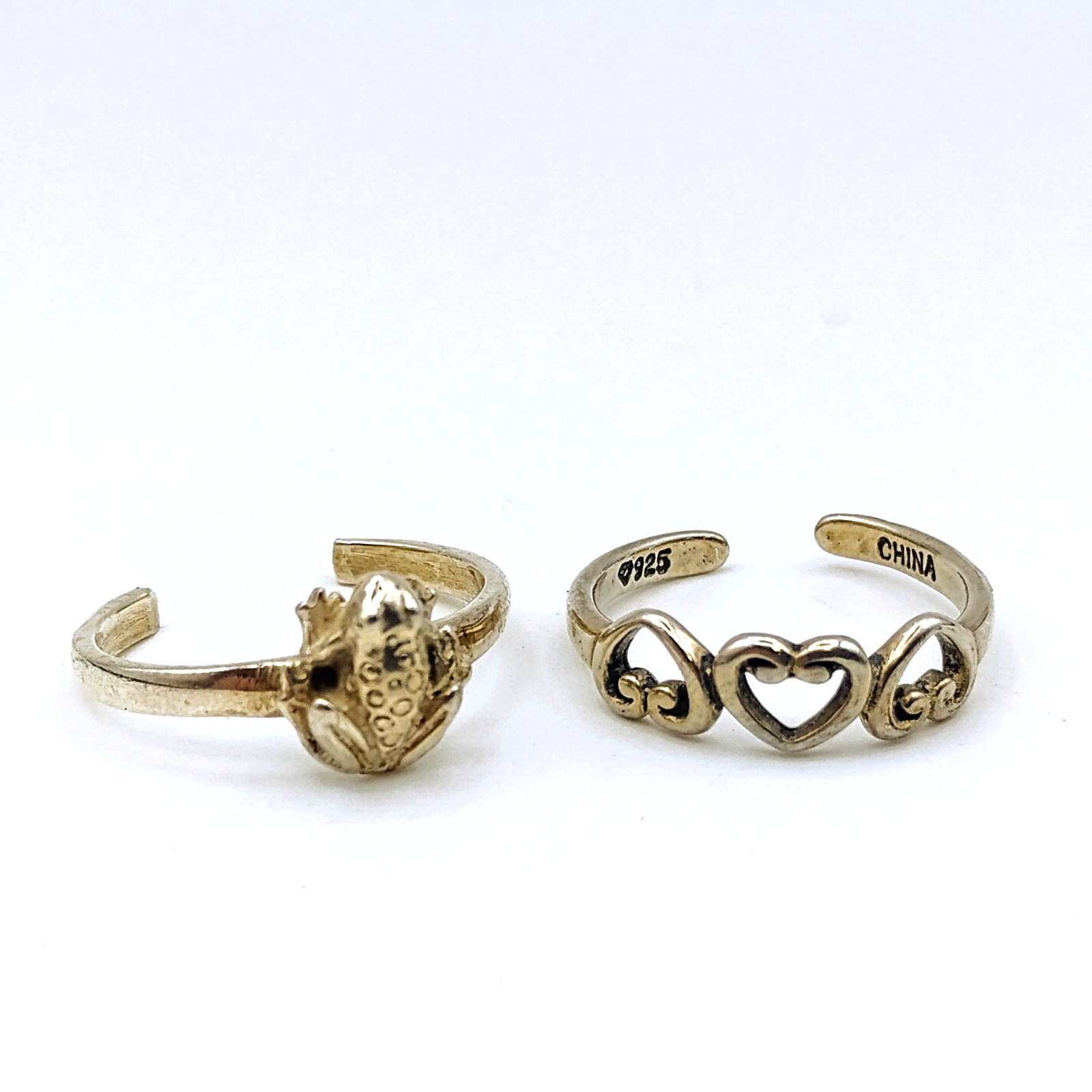 Lot of 2 Sterling Silver 925 Toe Rings Adjustable Frog Hearts Tested